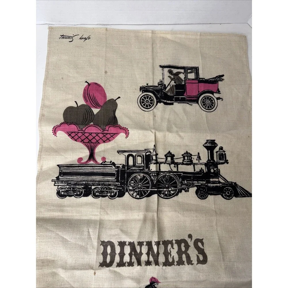 Vintage Tammis Keefe Linen Towel Dinners Ready Retro Antique Car Steam Engine